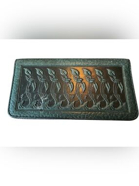 Vintage Embossed Floral Leather Checkbook Holder Wallet MINTY